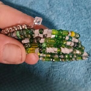 Green and White Beaded Wire Bracelet
